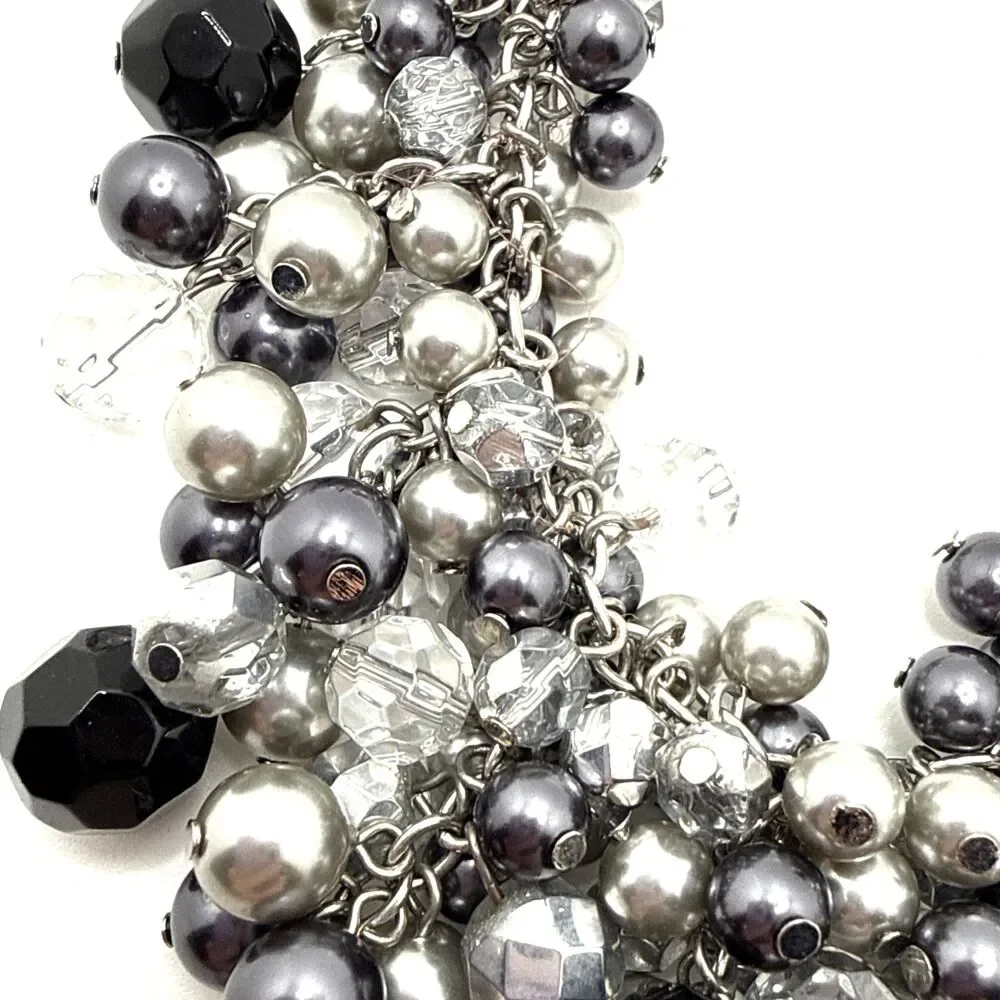 Cha-Cha Style Necklace Clear Gray Black Bead Cluster Statement Bib 16